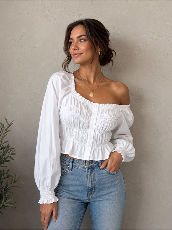 Astr Tops - ASTR The Label White Square Neck‎ Puff Sleeve Peplum Blouse Coquette Cottagecore